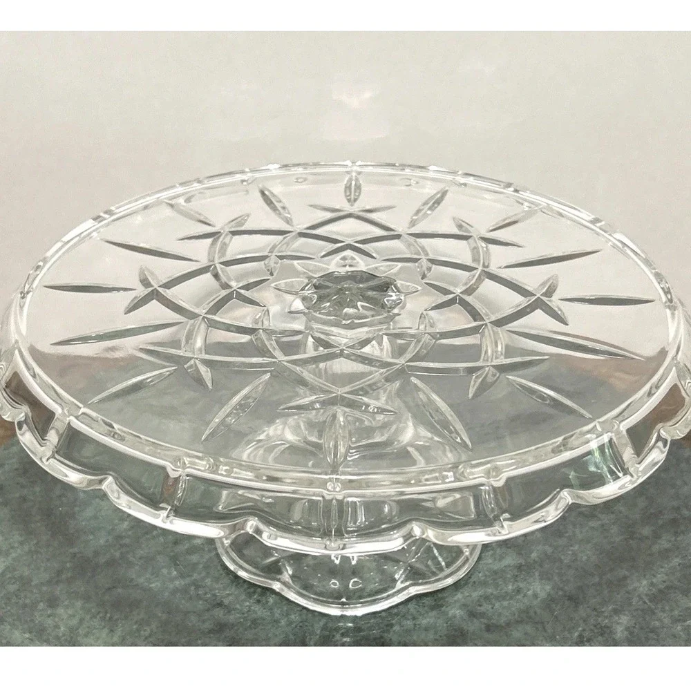 Gorham Lady Anne Clear Pressed Glass Pedestal Cake Stand Starburst Scalloped Rim